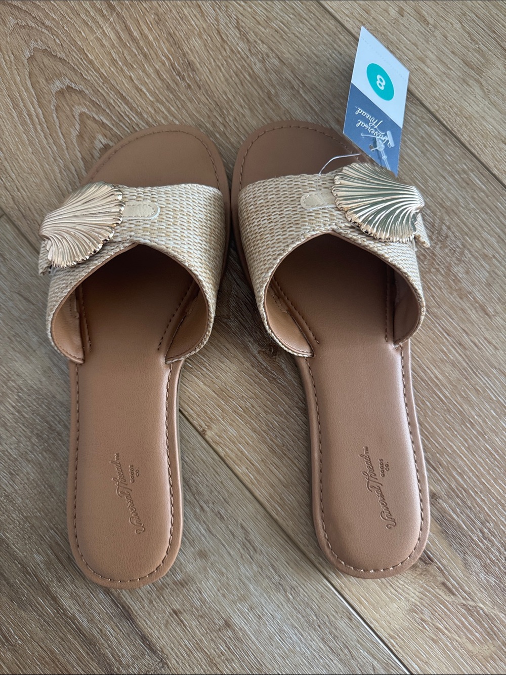 Woven Slide Sandals with Gold Shell Accent - Tan